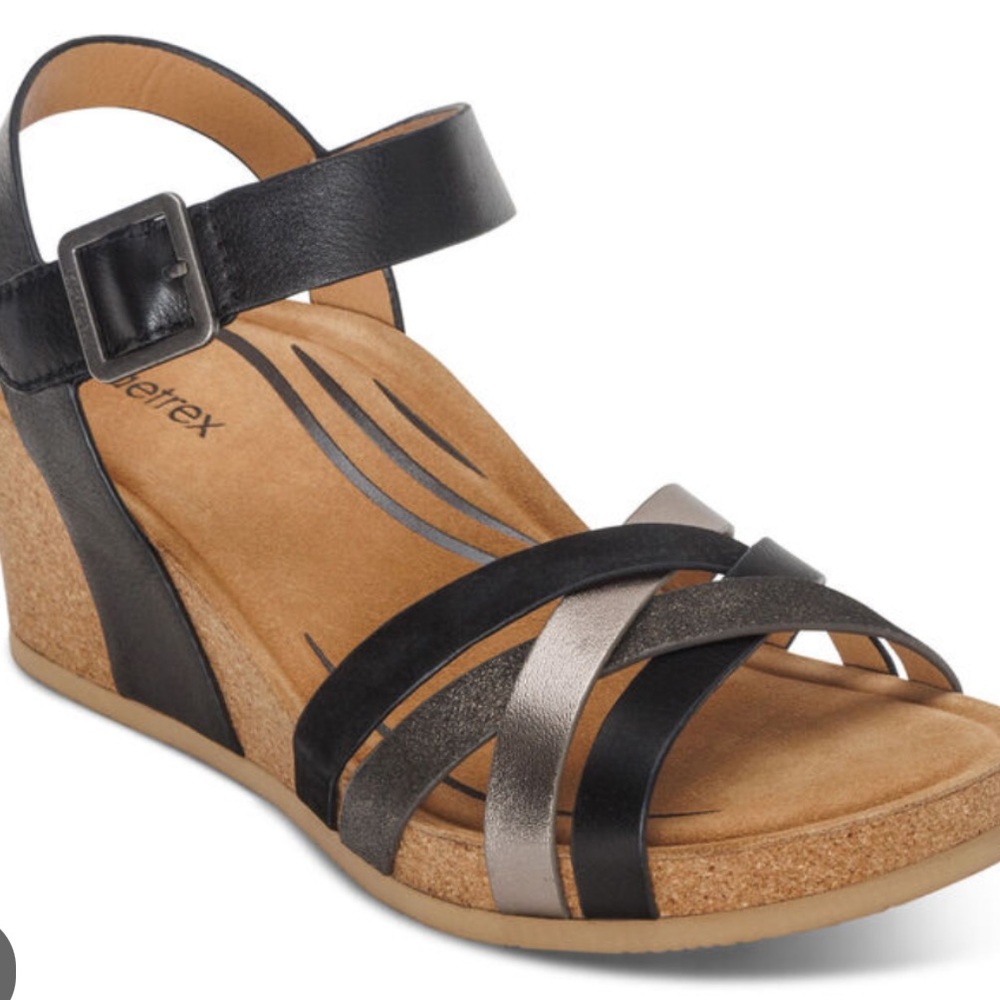 Aetrex Noelle Black Metallic Strappy Wedge Sandals